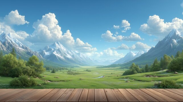 cartoon spring landscape with grassland sky mountains and wooden table