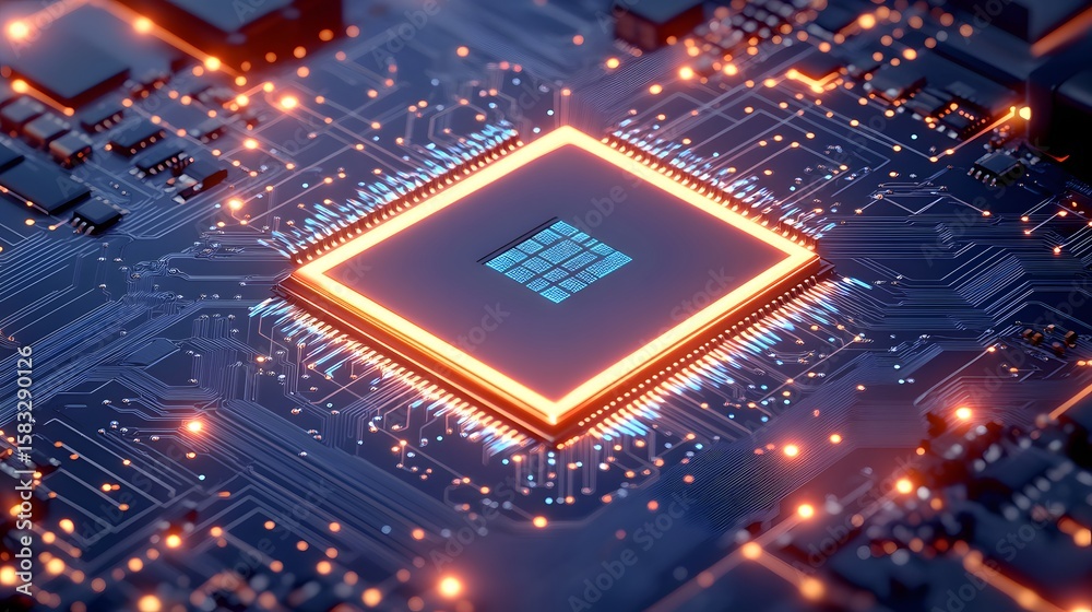 Poster detailed close-up view of a computer circuit board with a central processor chip.