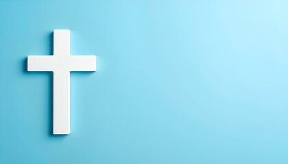 Simple white cross symbol placed on a bright blue background with copy space
