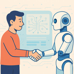 Al and Human Collaboration - Flat Illustration of Man and Robot Handshake