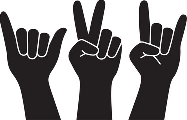 Three diverse hand gestures including rock on peace and shaka sign silhouette