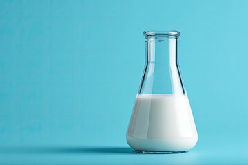 Clear glass flask filled with milk against a light teal background