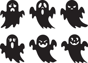 Six spooky halloween ghosts with different facial expressions silhouette