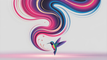 Obraz premium Vivid neon smoke with shimmering gold and a glowing hummingbird—perfect for web design, album art, NFTs, social media, branding, posters, motion graphics, and decor.
