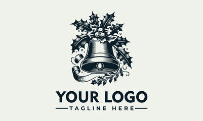 Vintage-style logo featuring a Christmas bell surrounded by holly leaves and berries.