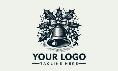 A vintage-style illustration of a Christmas bell adorned with holly leaves and berries.