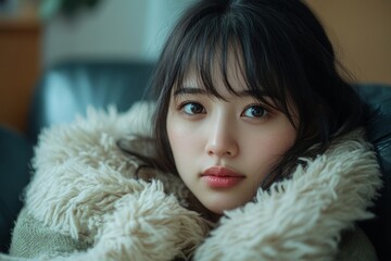 Sick day at home, Asian woman with a runny nose and common cold, resting at home to recover, Generative AI