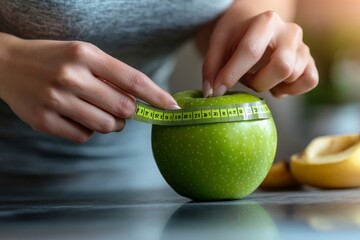 Slim food concept, woman measuring a green apple with a tape measure, symbolizing weight loss and healthy eating choices, Generative AI