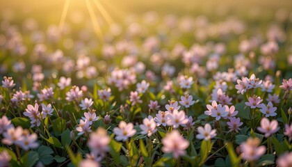 Obraz premium Delicate pink wildflowers in a field bathed in sunlight.