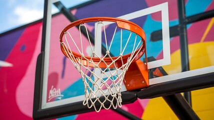 Fototapeta premium Orange basketball hoop with white net against colorful mural sports