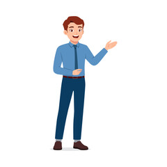 Smiling Young Businessman Presenting with Open Hand in Formal Attire Illustration