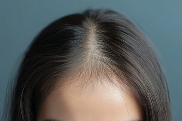 Hair loss problem, Asian woman looking at her scalp with concern about balding, seeking solutions to address hair thinning, Generative AI