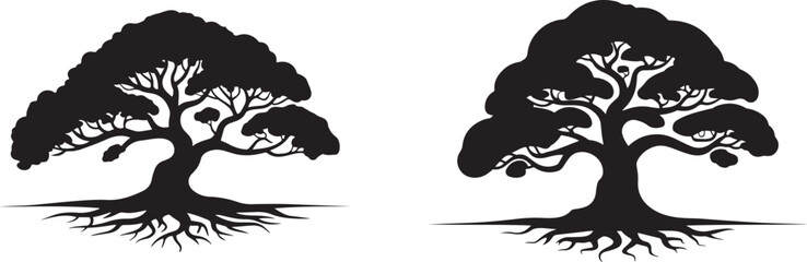 Two stylized trees with exposed roots in a black silhouette style