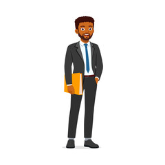 Smiling African American businessman in suit holding yellow folder full body pose, isolated