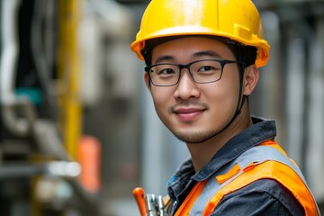 Repairman mechanic, Asian young handyman holding tools and wearing a yellow safety helmet, ready to tackle repair work, Generative AI