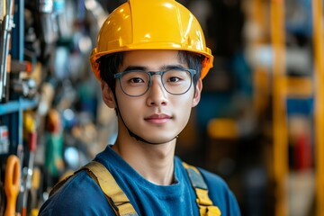Repairman mechanic, Asian young handyman holding tools and wearing a yellow safety helmet, prepared for his work, Generative AI