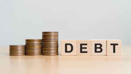 debt text on wooden cubes on plain background with coins business concept.