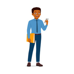 Smiling African American businessman checking his smartphone, holding a file, stands on white