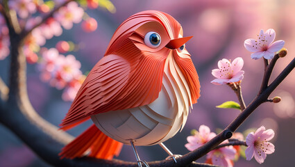 Obraz premium A singing ROBIN made entirely from folded bright reddish-orange and soft brown paper with a light, feathered texture