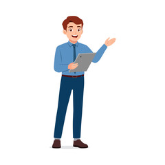 Smiling Businessman Holding Clipboard and Presenting Information with Open Hand