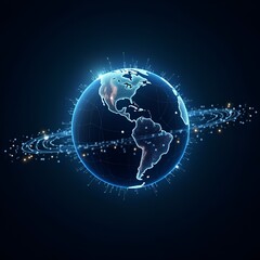 Global communication network with digital globe and technology design on blue background
