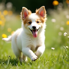 Dog sitting happily in green grass portrait of a cute white puppy canine in nature