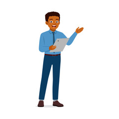 Young African American Man Presenting with Tablet and Smiling, wearing formal attire in studio