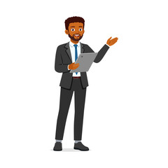 Smiling African American Businessman Holding Tablet and Presenting Isolated