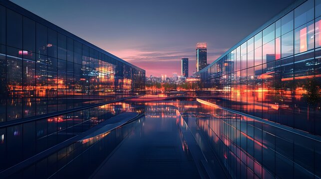 Modern city buildings at twilight reflected in a still pool of water.