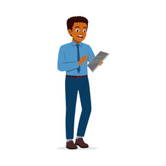 Happy African American businessman in formal attire holding tablet and smiling, looking at the screen