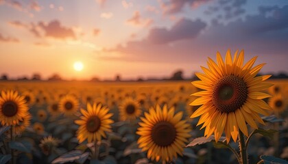 Obraz premium Sunflowers bloom in a golden field at sunset.