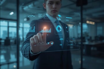 Businessman interacts with advanced data dashboard, leveraging modern technology in a sophisticated office setting.