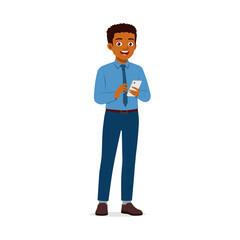 Smiling African American man in formal attire using a mobile phone standing isolated