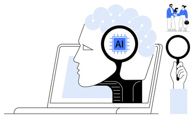 AI-enhanced human brain concept on laptop screen with chip detail, magnifying glass, and professionals conversing. Ideal for technology, artificial intelligence, innovation, analysis, learning