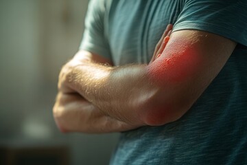 Person with a red rash on their arm from an insect bite allergy, addressing skin irritation and seeking relief, Generative AI