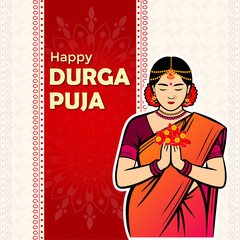  Happy Durga Puja with Goddess Indian Bengali Woman Illustration Traditional Decorations Vector Illustration