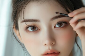 Asian woman drawing her eyebrows to perfect her facial features, enhancing her look as part of her daily beauty routine, Generative AI