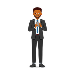 Obraz premium African American businessman in a suit holding a phone and texting with a happy expression