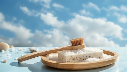 Naklejka premium Wooden soap dish with sea salt and bamboo toothbrush on a blue sky background.
