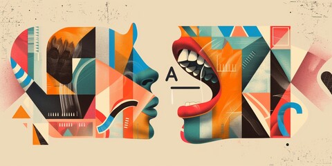 A graphic design illustration depicting two people conversing, with geometric shapes.