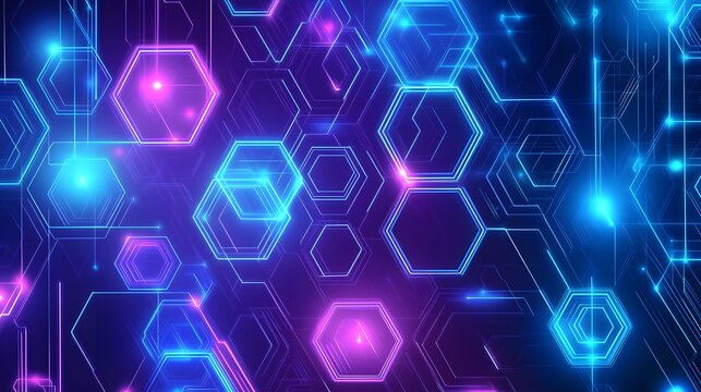 Abstract digital circuit pattern with glowing hexagons.
