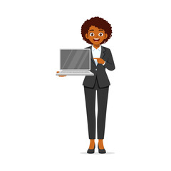 Happy African American businesswoman holding laptop and pointing finger in studio shot full body
