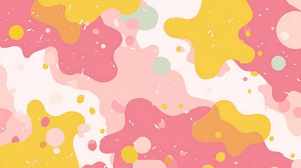 Minimalistic pastel background with pink, yellow and mint tones, featuring abstract splash shapes in playful composition, perfect for children’s wallpaper or creative packaging decoration.