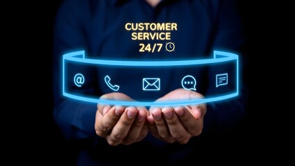24-7 customer service support concept. Businessman hands holding digital contact icons, including email, phone, and chat, representing communication, accessibility, and online business care.