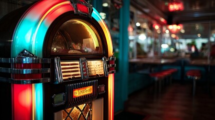 Vintage jukebox in retro diner with neon lights and classic decor