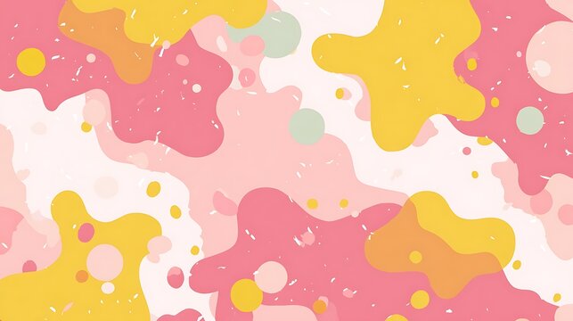 Minimalistic pastel background with pink, yellow and mint tones, featuring abstract splash shapes in playful composition, perfect for children’s wallpaper or creative packaging decoration.