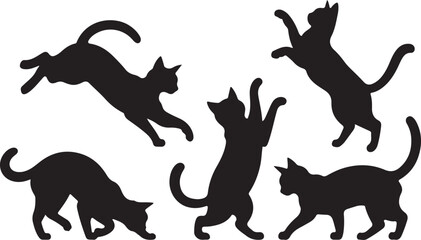 Collection of five playful cat silhouettes in various poses silhouette