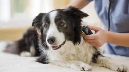 Veterinary Assistant Brushes a Dog in a Bright Space Before a Wellness Check, Highlighting Care and Attention in a Calm Environment
