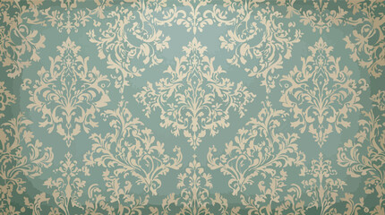 Fototapeta premium Elegant vintage damask pattern with beige floral elements on a turquoise background.