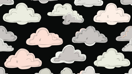 Hand drawn fluffy clouds in soft pastel colors floating against a stark black background.